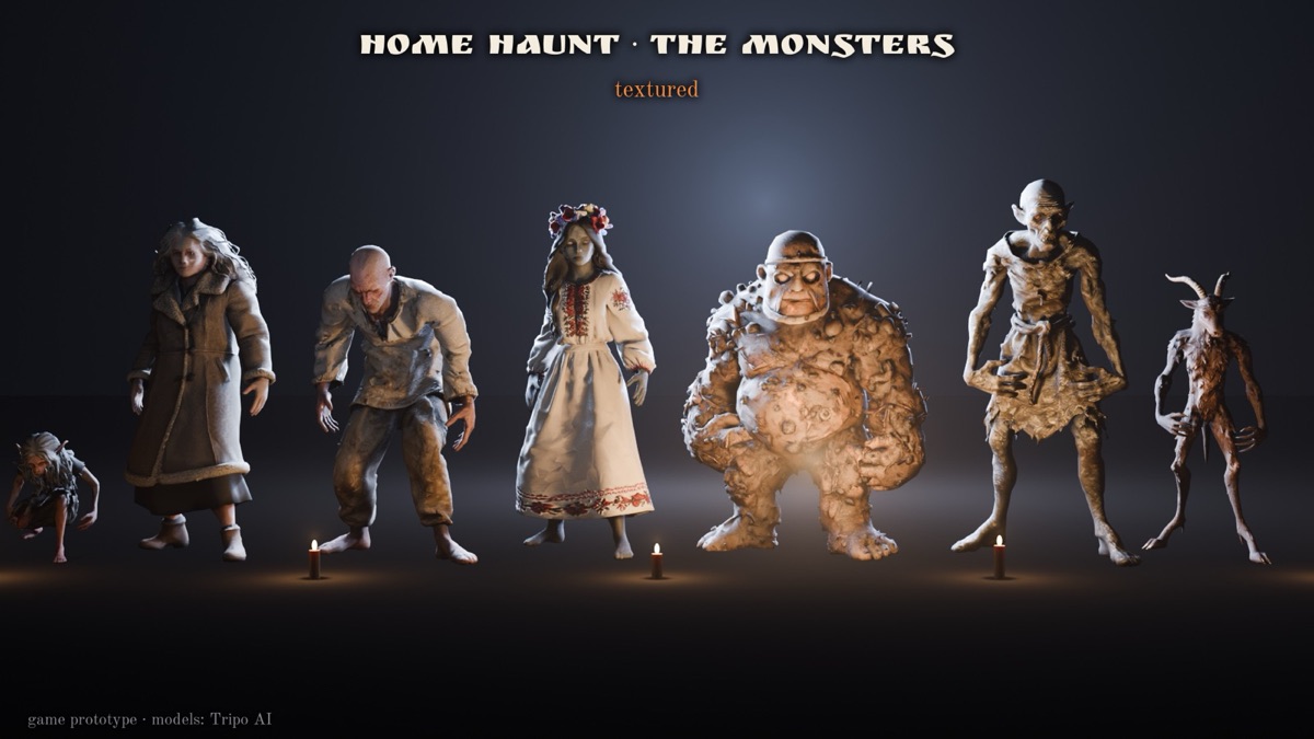 Seven Home Haunt monsters in a row, textured